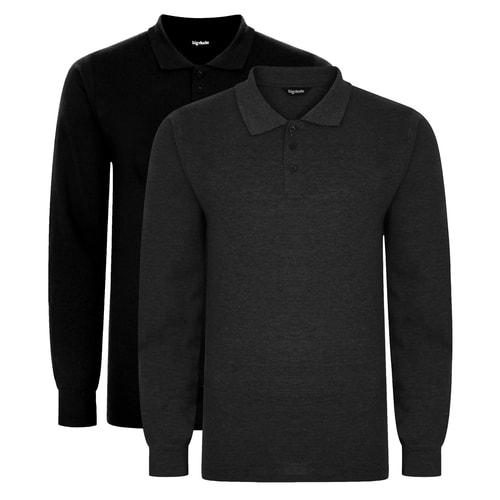 Bigdude Twin Pack Long Sleeve Polos Tall Black/Charcoal